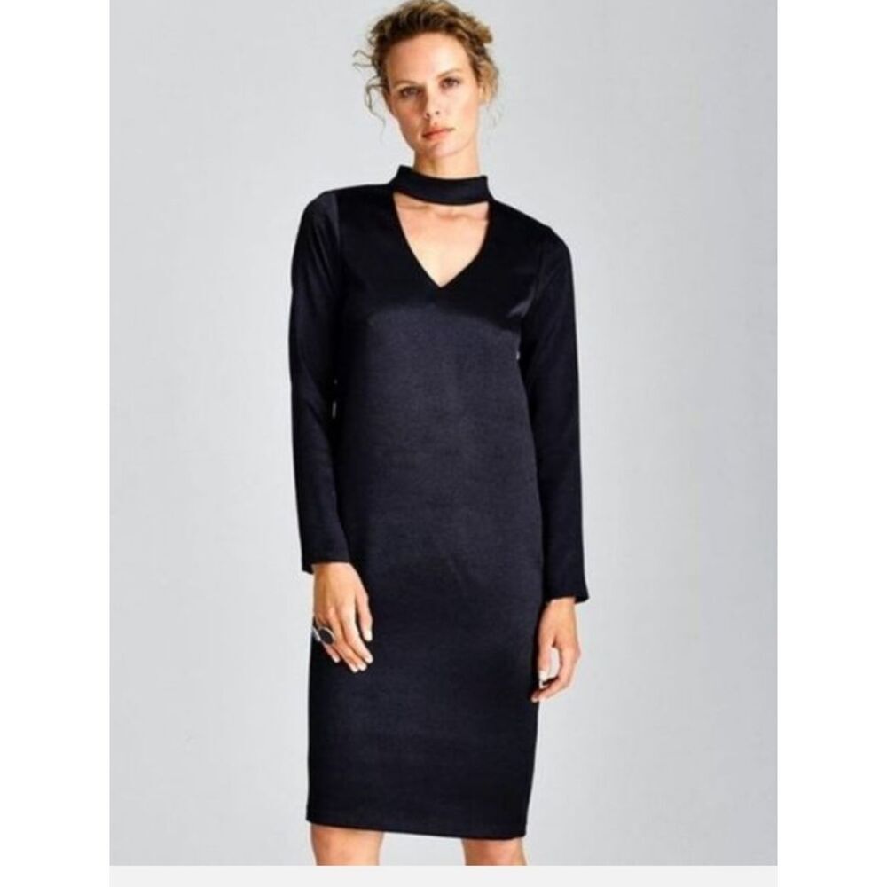 W by Worth Black Hammered Sateen Long Sleeve Dress Sz XL